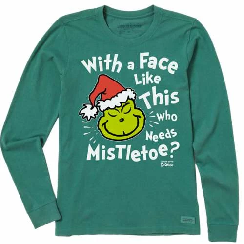 Outlet ๐ Shirts ๐ฉ Women's Life Is Good Grinch Face Long Sleeve T-Shirt ๐ฅฐ