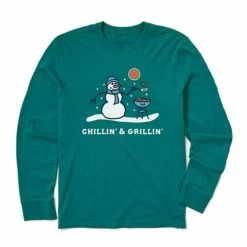 Budget 🧨 Shirts Men's Life Is Good Chillin' & Grillin' Snowman Long Sleeve Crusher-Lite T-Shirt 👍